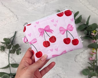 Cherry Bow Quilted Wristlet Wallet | Handmade Zipper Coin Purse | Coquette Card Holder Pouch