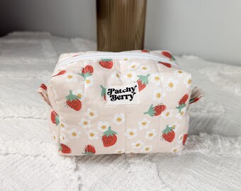 Strawberry Daisy Quilted Mini Makeup Bag | Handmade Cosmetic Pouch, Travel Organizer