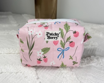 Strawberry Floral Quilted Mini Makeup Bag | Handmade Cottagecore Cosmetic Pouch | Pink Travel Toiletry Bag