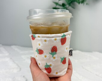 Strawberry Daisy Cup Cozy | Reusable Coffee Sleeve | Handmade Cottagecore Iced Drink Holder