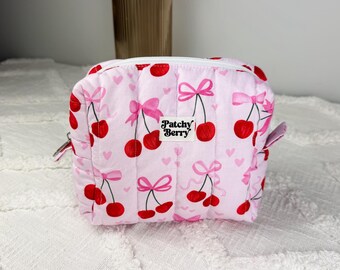 Cherry Quilted Makeup Bag | Boxy Coquette Cosmetic Pouch | Pink Bow Toiletry Travel Bag