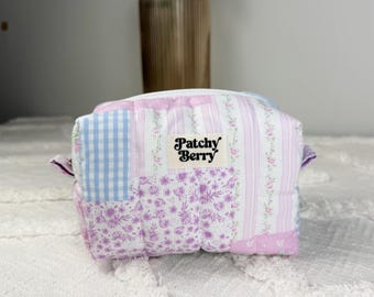 Patchwork Coquette Mini Makeup Bag | Quilted Cosmetic Pouch, Floral Gingham Organizer