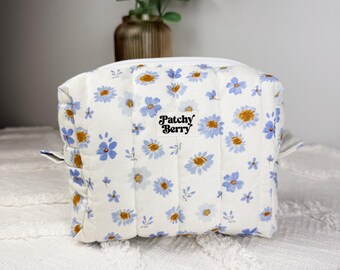 Blue Daisy Quilted Makeup Bag | Boxy Floral Cosmetic Pouch | Cottagecore Travel Toiletry Bag
