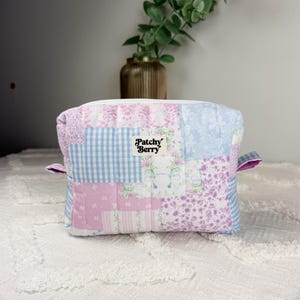 Pastel Patchwork Quilted Makeup Bag | Boxy Cottagecore Cosmetic Pouch | Floral Toiletry Travel Bag