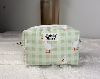 Quilted Goose Gingham Makeup Bag | Cottagecore Duck Cosmetic Pouch | Travel Organizer