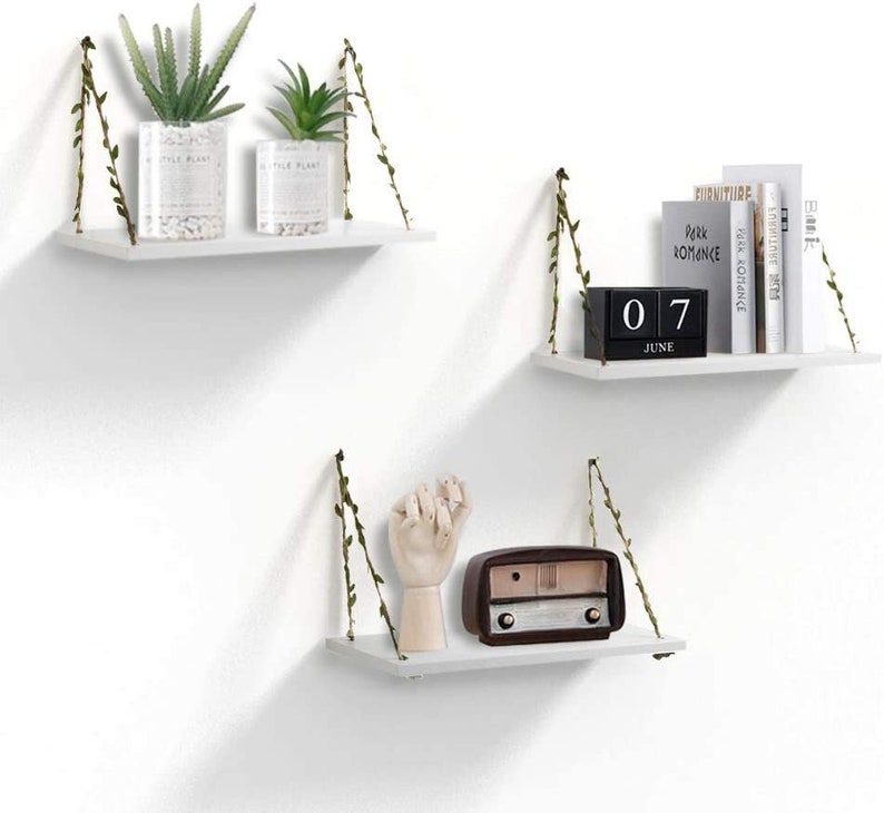 LeafRope Hanging Floating Shelves, Wall Swing Storage Shelf for Home Décor, White, 3-Pack