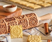 Wooden Rolling Pins with Flower Embossing, Snowflake Embossed Natural Wood Carved Engraved Rolling Pin for Baking Embossed Cookies