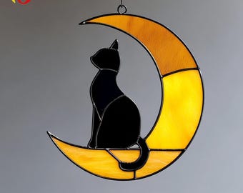 PDACE316  Pattern -Black Cat on Crescent Moon – Stained Glass Suncatcher for Halloween and Gothic Decor,Instant Download PDF