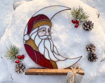 PDACE1273 Patrón de vidriera Santa Moon, atrapasoles navideño en PDF, diseño de vidrio Tiffany