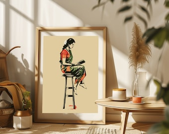Kobieta indyjska czytająca książkę, Desi Art, Boho Art, Indyjska kobieta ścienna, Azjatka Południowa, Tamilska dziewczyna, Indyjscy miłośnicy książek, Natychmiastowe pobieranie pliku PDF