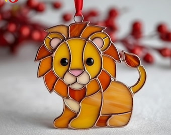 かわいいライオンのステンドグラスサンキャッチャー、ジャングル