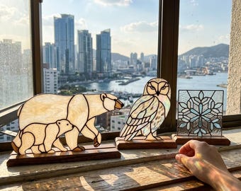 PDACE1287 Patrón de vidriera de oso polar, oso y cachorro en PDF, diseño DIY estilo Tiffany ártico