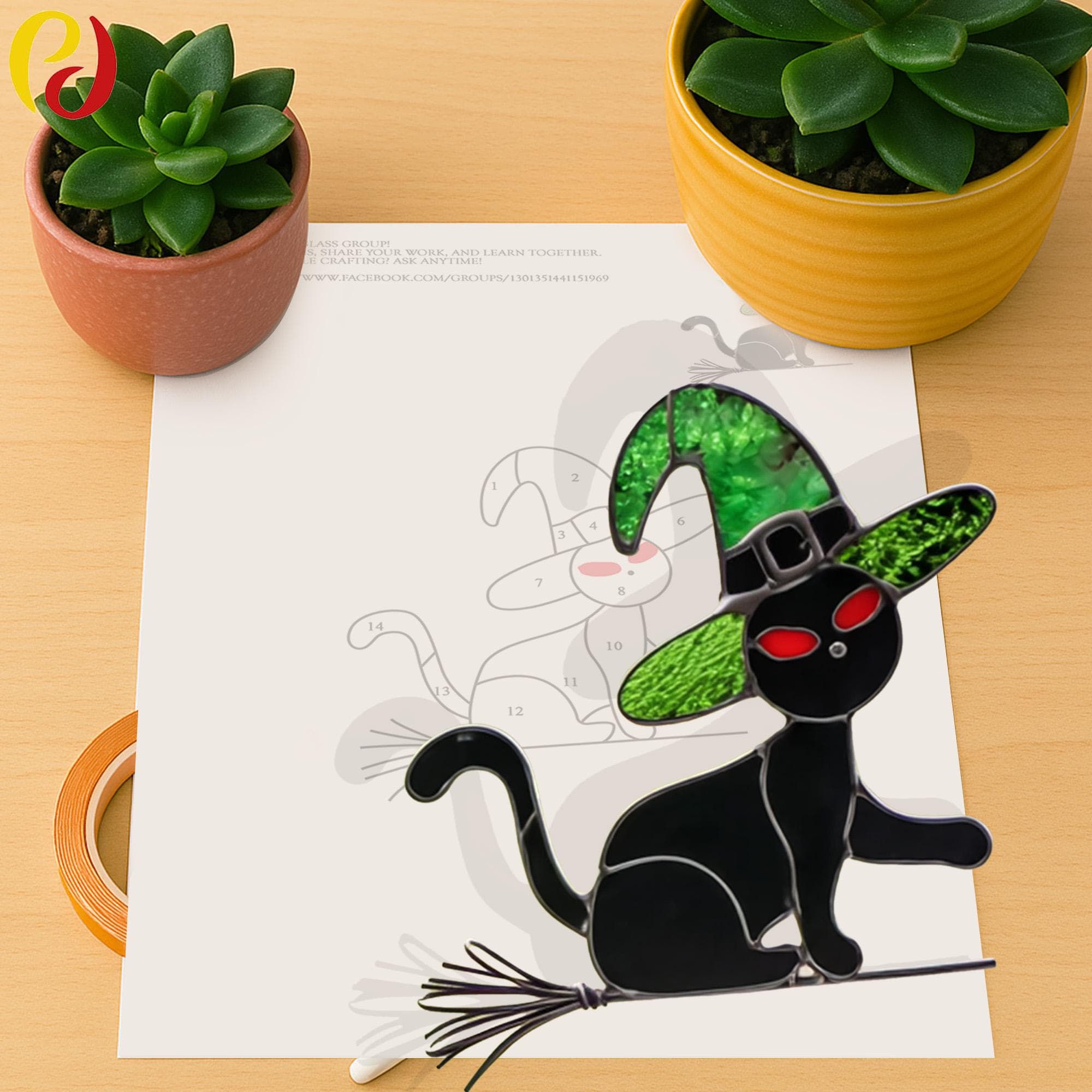 PDACE440 ハロウィン黒猫ステンドグラスパターン - 魔女猫テンプレート