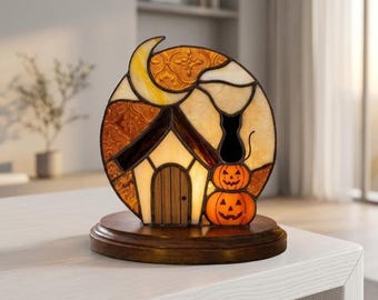 PDACE1133 Halloween Stained Glass Cat Cottage Pattern, Pumpkin Moon Suncatcher SVG PDF DIY