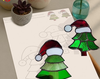 Digital Download Pattern PDACE296 Stained Glass Tree with Santa Hat , DIY Suncatcher  stained glass ,stained glass window