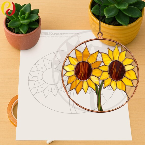 PDACE132 ひまわりステンドグラスパネル デジタルダウンロードパターン