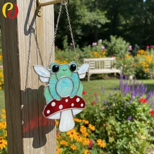 May include: A stained glass frog with fairy wings sits on a red mushroom with white spots. The frog is light green and blue with black eyes. The artwork hangs from a silver chain, ideal for garden decor.