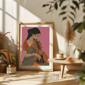 Digital Woman indian violin, Desi Art, Saraswati Veena, Indian Woman Art, South Asian, Tamil Girl, Musician Gift, Instant Download PDF