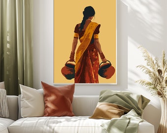 Indian Woman with water pot Art , Desi Art, Boho Art, South Asian, Indian art, Instant Download PDF