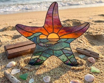 PDACE1297 Patrón de vidriera de estrella de mar, atrapasol oceánico en PDF, arte de vidrio playero para hacer tú mismo
