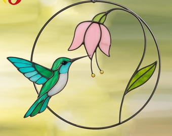 PDACE19 stained glass hummingbird flying to drink nectar digital download Pattern –  gift for mom home decor window hanger Mother's Day gift