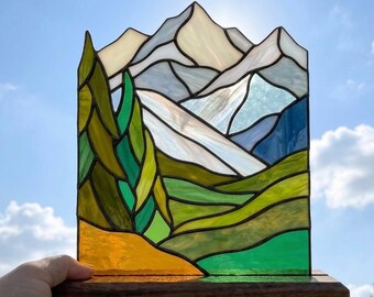 PDACE1301 Patrón de vidriera de paisaje de montaña, atrapasol alpino en PDF, arte en vidrio para hacer tú mismo