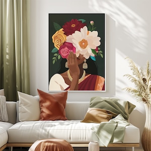 Indian Woman Flower Head, Boho Art, Desi Art, Indian Art, Indian Wall Art, Indian Woman wall Art, South Asian, Instant Download PDF