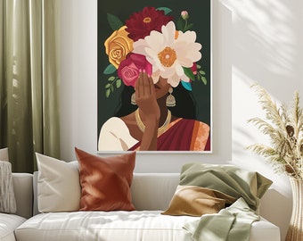 Indian Woman Flower Head, Boho Art, Desi Art, Indian Art, Indian Wall Art, Indian Woman wall Art, South Asian, Instant Download PDF