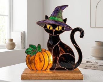 PDACE1132 Halloween Black Cat Stained Glass Lamp Pattern, Witch Cat Pumpkin SVG PDF DIY