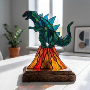 PDACE1160 Kaiju Stained Glass Pattern, Dragon Dinosaur Tiffany   SVG PNG DIY Art