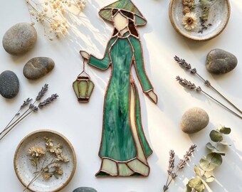 PDACE1134 Vietnamese Woman Stained Glass Pattern, Ao Dai Lantern Suncatcher SVG PDF DIY