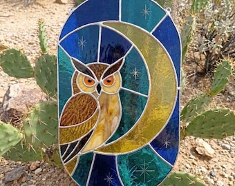 PDACE1119 Owl Moon Stained Glass Pattern PDF SVG PNG Oval Suncatcher Window Template