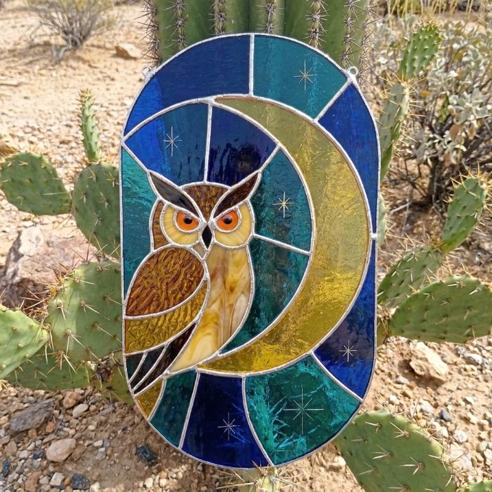 PDACE1119 Owl Moon Stained Glass Pattern PDF SVG PNG Oval Suncatcher Window Template