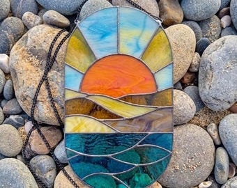 PDACE1115 Sunset Landscape Stained Glass Pattern PDF SVG PNG Oval Suncatcher Template