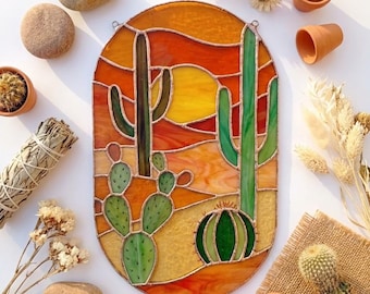PDACE1120 Desert Sunset Stained Glass Pattern, Landscape Suncatcher PDF SVG PNG Template