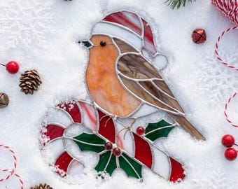 PDACE1126 Christmas Robin Stained Glass Pattern SVG PNG Holiday Bird Suncatcher DIY