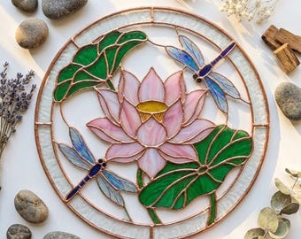 PDACE1113 Lotus & Dragonfly Stained Glass Pattern, Round Lotus Window Panel PDF SVG PNG Template