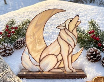 PDACE1293 Patrón de vidriera Lobo y Luna, PDF de animales del bosque, arte en vidrio Tiffany para hacer tú mismo
