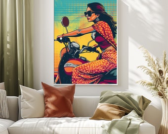Indian Woman drive motorbike,Indian Art, MotorrBike Lover,Woman drive motorbike art, desi art, Indian Woman art, Poster,Instant Download PDF
