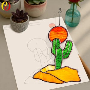 Patrón de descarga digital de vitrales con cactus del desierto PD 28, atrapasol DIY, vitral, panel de vitral