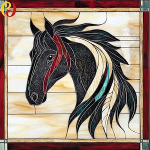 May include: Stained glass panel featuring a black horse head with a red bridle. The horse's mane is a mix of black, white, and teal. The panel is framed in red and brown, with a cream-colored background.