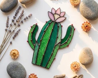 PDACE1147 Stained Glass Cactus Pattern, Flower Cactus PDF SVG, DIY Suncatcher Template