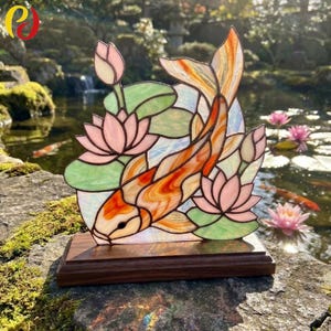 May include: A stained glass art piece featuring an orange and white koi fish swimming among pink lotus flowers and green lily pads. The glass panel is mounted on a rectangular dark brown wooden base, showcasing intricate leaded glass work.