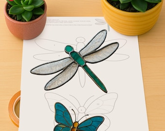 PDACE114 ステンドグラスの模様 トンボと蝶、シンプルなトンボの模様