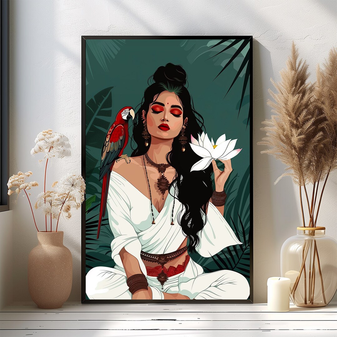 Indian Woman and Parrot Art , Desi Art, Boho Art, South Asian, Indian
