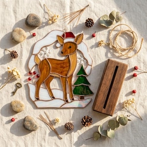 PDACE1290 Weihnachts-Rentier-Glasmalerei-Vorlage, Hirsch-PDF, Weihnachtsmannmütze-Winter-DIY-Kunst