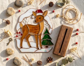 PDACE1290 Patrón de vidriera de renos navideños, PDF de ciervos, gorro de Papá Noel, arte de invierno para hacer tú mismo