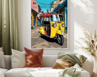 May include: A yellow and red tuk-tuk, a three-wheeled vehicle, drives down a narrow street lined with colorful buildings.
