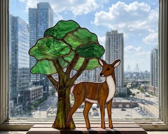 PDACE1283 Patrón de vidriera de ciervo y árbol, cervatillo del bosque PDF, arte en vidrio Tiffany DIY