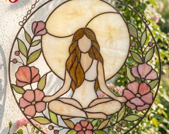 PDACE951 Meditation Woman Stained Glass Pattern, Boho Floral Spiritual Window PDF